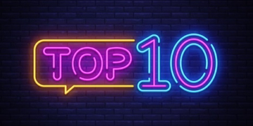 Top 10 Neon Text Vector. Top Ten neon sign, design template, modern trend design, night neon signboard, night bright advertising, light banner, light art. Vector illustration.